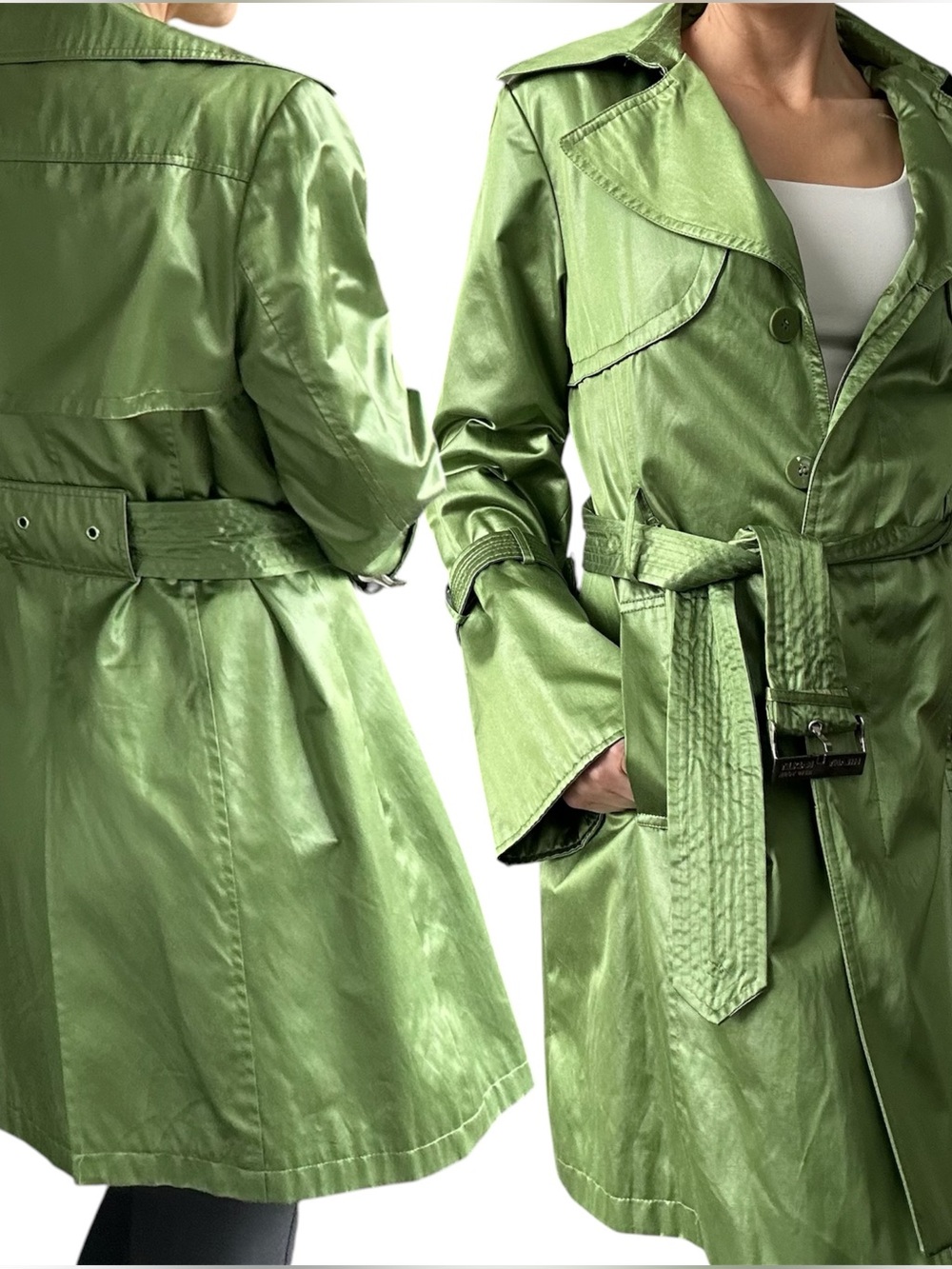 Vintage Hilary Radley metallic green belted trench coat S